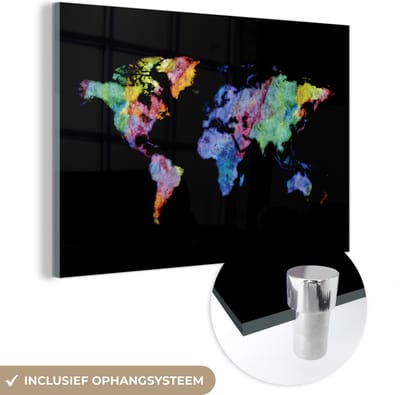 ® Glasschilderij 120x80 cm - Schilderij acrylglas - Wereldkaart - Regenboog - Aquarel - Foto op glas - Muurdecoratie woonkamer - Wanddecoratie slaapkamer - Schilderijen