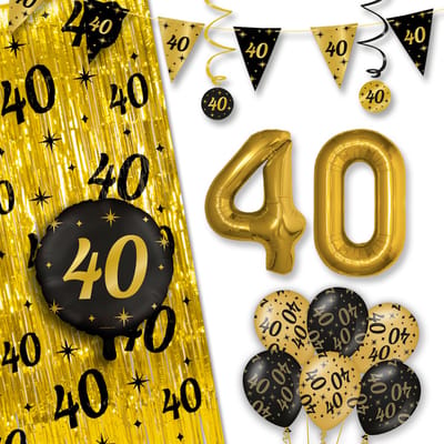 LUQ – All-Out Glam Set 40 Jaar – Zwart-Goud Verjaardag Decor – Luxe Feestpakket Ballonnen-Slingers-Vlaggenlijn-Gordijn