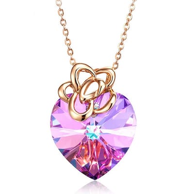 Paarse Hart met 14k Goud Bloem QoF Hart Pendant Hanger - Ketting 40cm +5cm