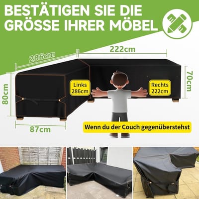 Famanu – Tuinmeubelhoes - voor L-vormige hoekbanken (links lang-rechts kort) - afdekzeil met waterdichte naden - waterdichte loungeafdekking - loungemeubelhoes - 286 x 222 x 87 cm