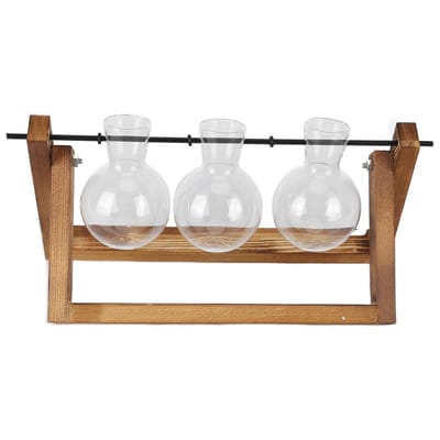 Planten Terrarium met Houten Standaard Glazen Vaas Desktop Glazen Plantenbak voor Thuis Kantoor Decoratie(Hout