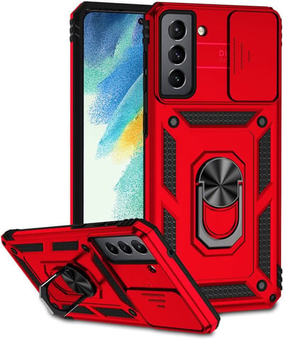 Coverup Hoesje - Geschikt voor Samsung Galaxy S21 FE Hoesje - Coverup Armor Ring Kickstand Back Cover met Camera Shield - Rood
