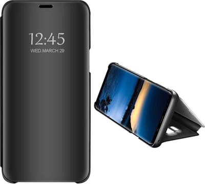 DrPhone Samsung A8 2018 Flipcover - Clear View Stand Cover - Mirror Case - Ultradunne case met Kickstand - Zwart