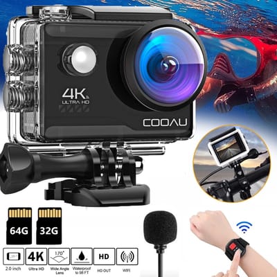 Action Camera 4K - 20MP / 60FPS / WiFi / 40M Waterdicht - Actiecamera - Onderwatercamera - Externe Microfoon - Inclusief Accessoires - Gratis App - Onderwatercamera - Beeldstabilisatie EIS - Lader - Afstandsbediening - Inch.32GB 64GB Karte