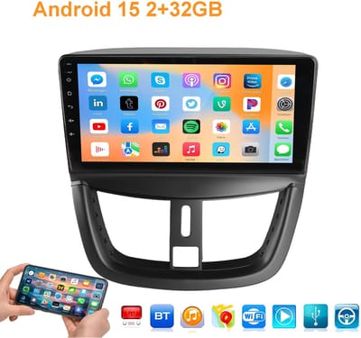 ESSGOO Autoradio Geschikt voor Peugeot 207 2006-2015 - Android 15 - 2 GB+32 GB - GPS-navigatie - Carplay en Android auto - 2005 2006 2007 2008 2009 2010 2011 2012 2013 2014 2015 - Bluetooth FM RDS Wifi - 2 DIN