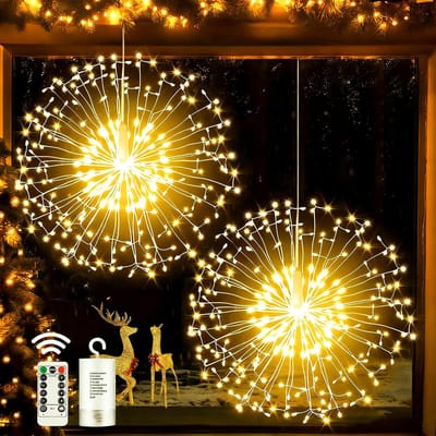 Rosnek 198 LEDs Hangende Vuurwerk Koperdraad Lichtsnoer Warm Wit - Kerstverlichting met Afstandsbediening - 8 Modus & Timer - Op Batterijen - Sfeerverlichting voor Binnen & Buiten