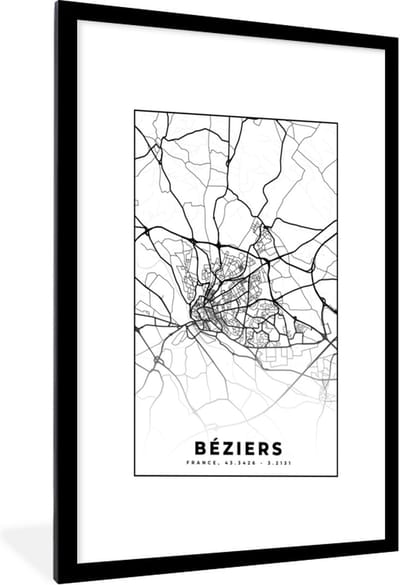 Fotolijst incl. Poster Zwart Wit- Kaart - Frankrijk - Béziers - Stadskaart - Plattegrond - Zwart wit - 60x90 cm - Posterlijst