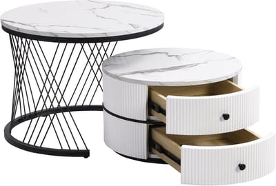 REDOM Luxe Ronde Salontafelset (2-delig) - Nesting Tables Wit Marmer-Look met 2 Lades & Metalen Onderstel