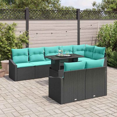vidaXL - Tuinbank - Set - 9 - st - Zwart - en - Blauw - poly - rattan