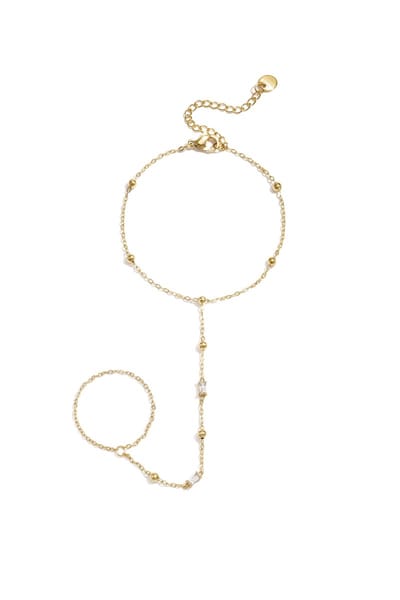 Handchain Armband met Ring Dames – Goudkleurig met Steentjes – RVS – Verstelbaar – Trendy Sieraad