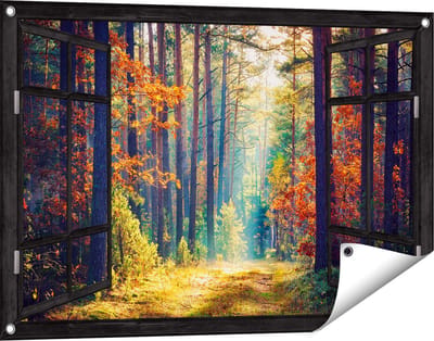 Gards Tuinposter Doorkijk Herfstbos met Zonneschijn - Kleur - 90x60 cm - Tuindoek - Tuindecoratie - Wanddecoratie buiten - Tuinschilderij