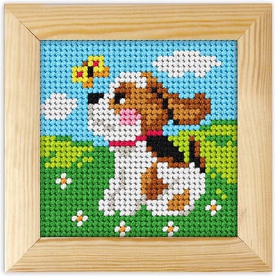 Borduurpakket voor kind - met lijstje - Orchidea - Hondje met Vlinder
