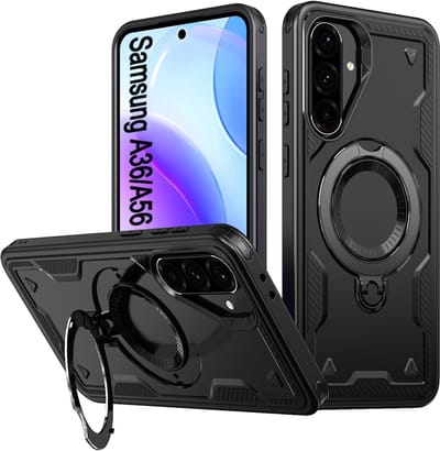 Magsafe Hoesje Geschikt voor Samsung Galaxy A56 / Galaxy A36 Hoesje Zwart - Armor Hoesje met Met Draaibare Ring Houder