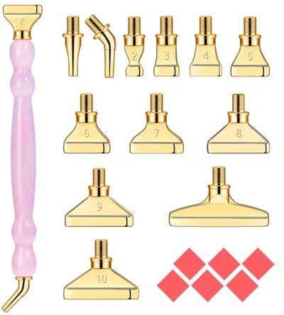 Roze diamond painting pennen set dames en heren met glitter pen handvat goudkleurige metalen boortjes 1 tot 10 plaatsers inclusief rode plakblokjes en verwisselbare opzetstukken