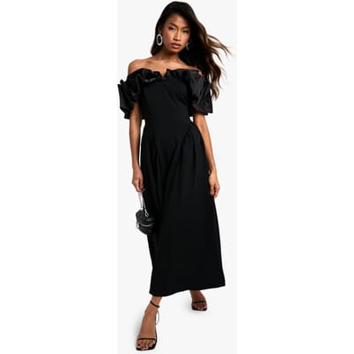 boohoo Dames Extreme Taffeta Ruffle Bardot Gestructureerde Midaxi Skaterjurk | Zwart | Maat: 36