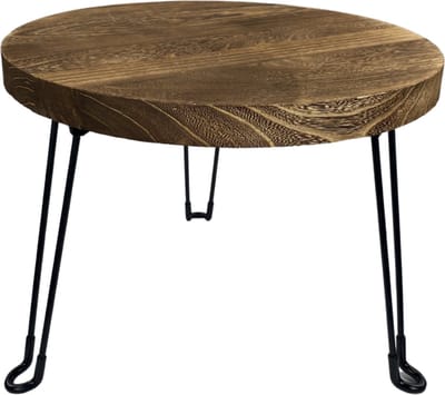 Ronde Bijzettafel Ø 50 x 37 cm – Opklapbaar Houten Tafeltje met Zwart Metalen Driepoot – Bruine Salontafel voor Woonkamer, Slaapkamer en Veranda – Bruin/Zwart