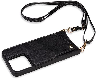 CaseBoutique Backcase hoesje geschikt voor iPhone 15 Pro - Effen Zwart - Kunstleer - met Crossbody Koord & Pashouder