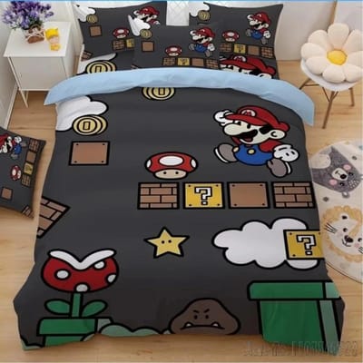 Anime Cartoon Super Mario Bros Kinderbeddengoed Set Baby Dekbedovertrek Sets Beddengoed Eenpersoons Eenpersoons Kingsize Kinder- en Volwassenen Cadeau EU Single(135*200cm)3pcs gray