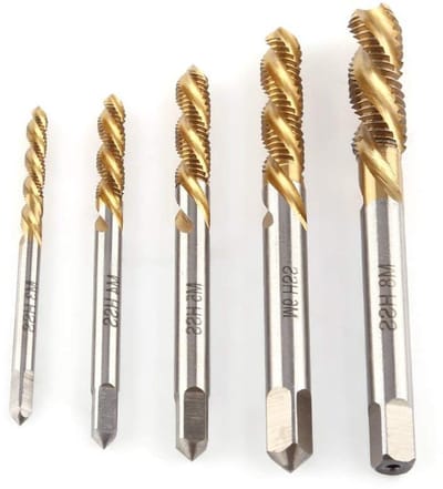 5-delige set HSS spiral taps voor schroefdraadbewerking, inclusief M3, M4, M5, M6 en M8, titanium coating voor duurzaamheid en precisie