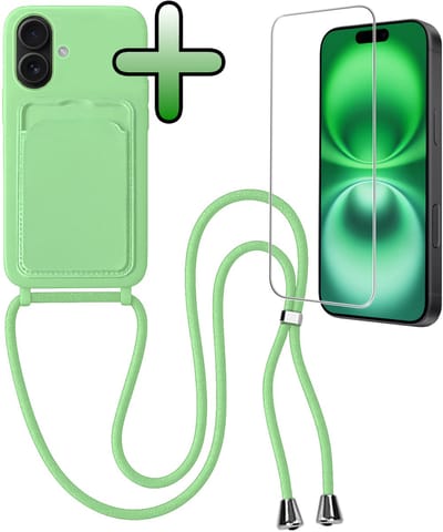 Hoes Geschikt voor iPhone 16 Plus Hoesje Pas Houder Case Hoes Met Koord Met Screenprotector - Hoesje Geschikt voor iPhone 16 Plus Hoes Met Telefoonkoord Pasjeshouder Cover - Groen