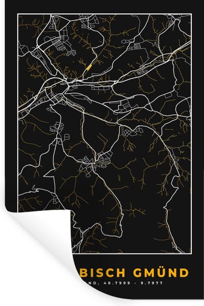 Muurstickers - Sticker Folie - Goud – Duitsland – Plattegrond – Gold – Stadskaart – Kaart – Schwäbisch Gmünd - 20x30 cm - Plakfolie - Muurstickers Kinderkamer - Zelfklevend Behang - Zelfklevend behangpapier - Stickerfolie