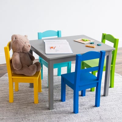 Kindertafel met 4 Stoelen voor Kinderen - Houten Meubels, Wit en Grijs, 66 x 55 x 48 cm