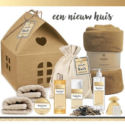 Geschenkset “Een Nieuw Huis!” - 9 producten - 1350 gram | Cadeau Vrouw - Cadeau Man - Een nieuwe woning - Wellness Giftset Deluxe - Pakket Verhuizing - Cadeau appartement - Verhuispakket - Giftset Badkamer Vrouw - Housewarming Party Gift Set - Goud