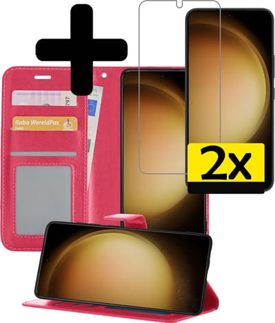 Hoesje - Met 2x Screenprotector - Geschikt voor Samsung Galaxy S23 Plus - Luxe Pasjeshouder - Bookcase Portemonee - Flip Case - Kunstleer Book Case - Flipcase Hoes - Book Cover - Walletcase - Portemonneehoes - Telefoonhoesjes - Donkerroze