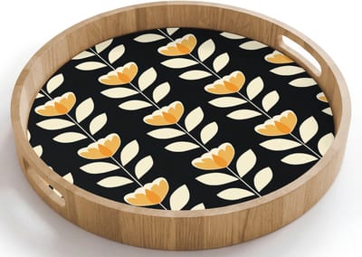 Dienblad rond 40x40 cm - Schootdienblad hout - Retro - Bloem - Zwart - Okergeel - Borrelplank rechthoek - Plateau houten dienbladen