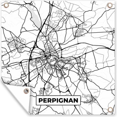 Tuin poster Frankrijk - Plattegrond - Perpignan - Stadskaart - Kaart - Zwart wit - 200x200 cm - Tuindoek
