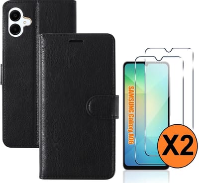 Hoesje geschikt voor Samsung Galaxy A06 hoesje bookcase Zwart - Met screenprotector tempered glass voor Galaxy A06 4G - 2x