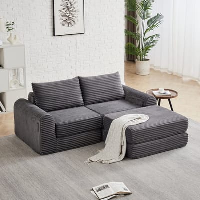 HAUSS SPOLE Slaapbank - Modulaire Bank Met Verplaatsbare Voetenbank - Als Bank En Bed - Voor Woonkamer En Logeerkamer - Cord Grijs