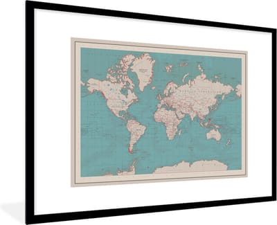 Poster in lijst - Fotolijst 120x80 cm - Posters - Wereldkaart - Vintage - Atlas - Kinderen - Jongens - Meisjes - Posterlijst zwart - Decoratie - Wanddecoratie woonkamer - Muurdecoratie slaapkamer