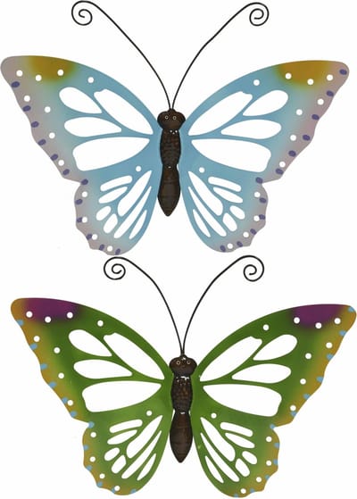 Tuindecoratie vlinders - 2x - metaal - groen en blauw - 51 x 38 cm - wand/schutting