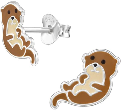 Joy|S - Zilveren otter oorbellen - oorknoppen voor kinderen - bruin zilver - 7.1 x 11.7 mm - sterling zilver 925 - kinderoorbellen