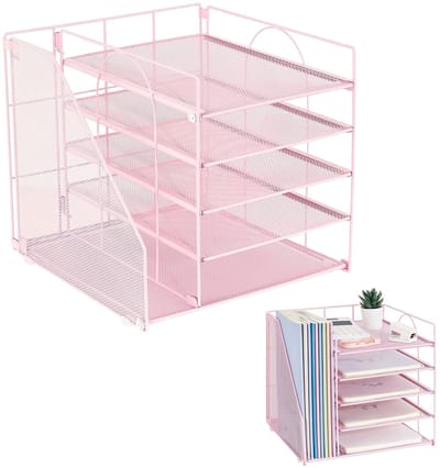 Bureau-organizer met papierhouder, 5 verdiepingen mesh papieren brievenbak, bureau-organizer, documentenlade en opslag voor kantoorbenodigdheden, bureauaccessoires (roze)
