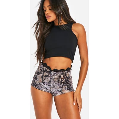 boohoo Dames Slangenprint mesh geraffelde kantenafwerking booty short | Maat: 42