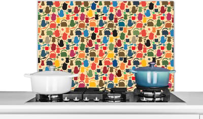 Spatscherm keuken 80x55 cm - Kookplaat achterwand Patronen - Koffie - Theepot - Retro - Muurbeschermer - Spatwand fornuis - Hoogwaardig aluminium