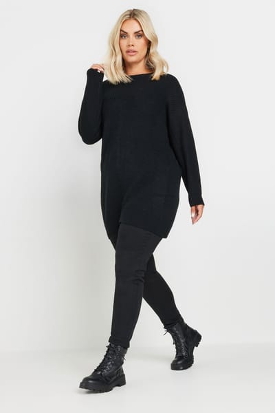 Yours Gebreide Trui Met Ronde Hals En Lange Achterkant In Zwart Size 50-52
