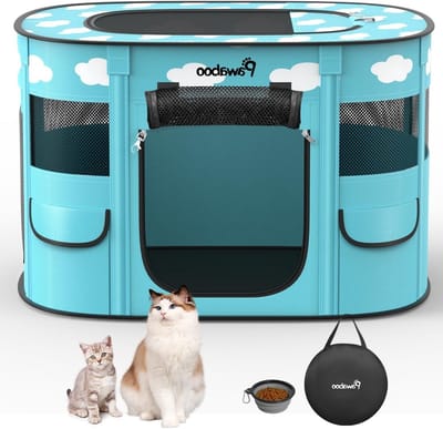 Draagbare honden- en katten speelpen van 600D Oxford, ademend en waterdicht, ideaal voor binnen en buiten, inclusief draagtas en voerbak, geschikt voor middelgrote en grote huisdieren, L, blauw met witte wolken