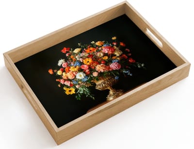 Dienblad hout 40x30 cm - Schootdienblad - Goud - Bloemen - Kleuren - Vaas - Borrelplank rechthoek - Plateau dienbladen