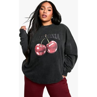 boohoo Dames Plus California Cherry Oversized Sweatshirt | Charcoal | Maat: 16