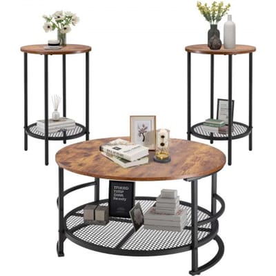 VEVOR 3-delige ronde salontafelset (800 x 465 mm), industriële salontafel met 2 ronde bijzettafels (40 x 60 cm), bijzettafelset met metalen poten, in elkaar schuifbare tafels voor kantoor, woonkamer, appartement