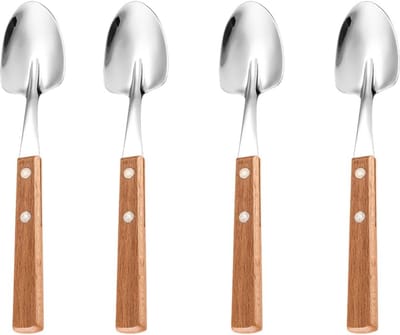 Houten dinerschopset, 7,67 inch (ongeveer 19,5 cm) roestvrijstalen tafellepel, met houten handvat, klinknagelhandvatontwerp, 4-delig, stijl 2-Stijl 1