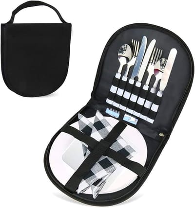Unyqoos® Draagbare 12-delige Picknick- en Kampeerbestekset met Roestvrijstalen Servies voor Twee Personen