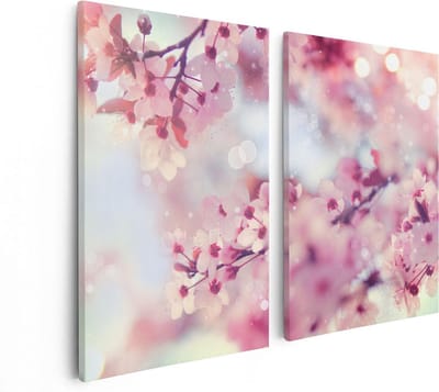 Artaza Canvas Schilderij Tweeluik Roze Bloesemboom Met Zonneschijn - 80x60 - Foto Op Canvas - Canvas Print