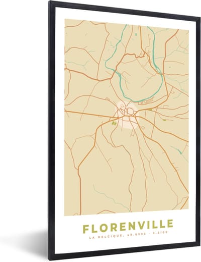 Fotolijst incl. Poster - Stadskaart - Florenville - Vintage - Kaart - Plattegrond - 40x60 cm - Posterlijst