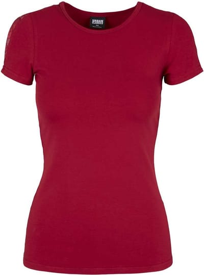 Urban Classics - Lace Shoulder Striped Dames T-shirt - L - Bordeaux rood