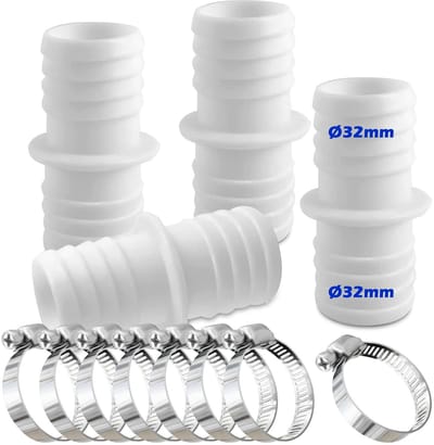 Dailygoods- Slangverbindingen Set van 4 - Slangklemmen 8x Roestvrij Staal - Dubbele Slangadapter - Voor 32 mm Slangen - Geschikt voor Zwembad/Tuin - Slangconnector