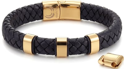 Armband Heren Goud Zwart – Mauro Vinci® Leren Heren Armband met Magnetische Sluiting – Goudkleurige Schakelarmband Verstelbaar 19.5 cm tot 21 cm – Stoere Mannen Armband – Inclusief Luxe Geschenkverpakking